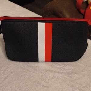 HAUTE SHORE Black Cosmetic Bag with Red and White Stripe